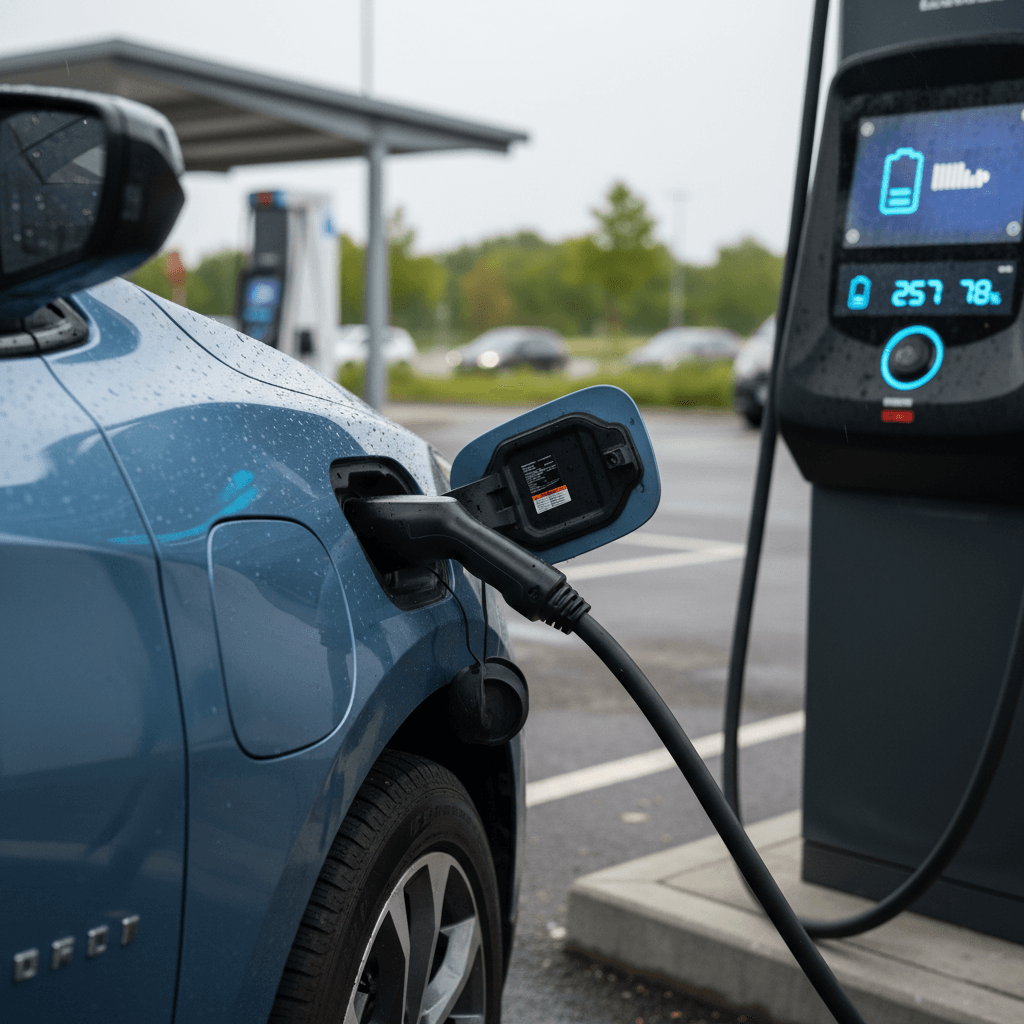 Chevy Equinox EV plugged into a DC fast charger showing estimated range on the dashboard