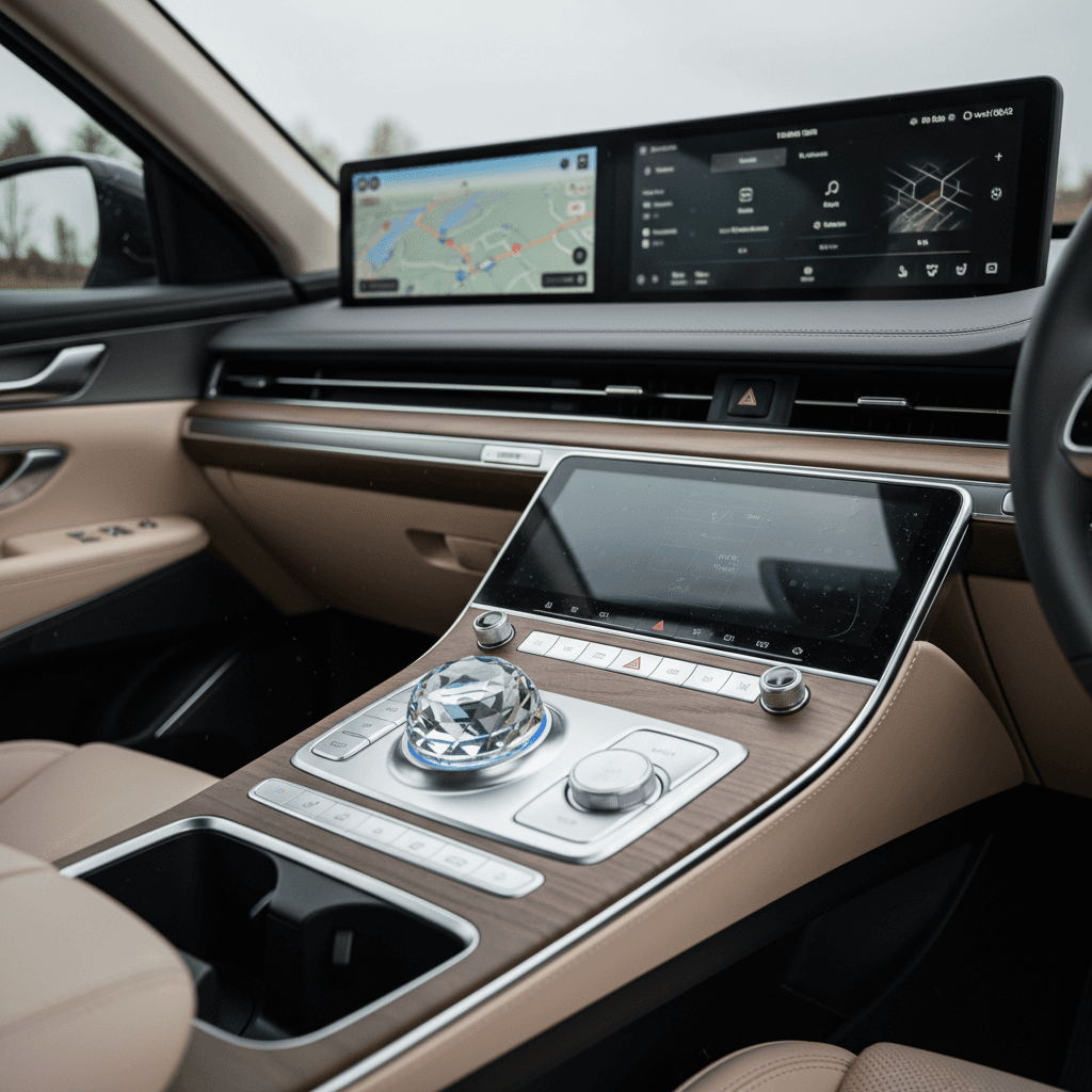 2025 Genesis GV60 interior with twin screens and crystal sphere gear selector