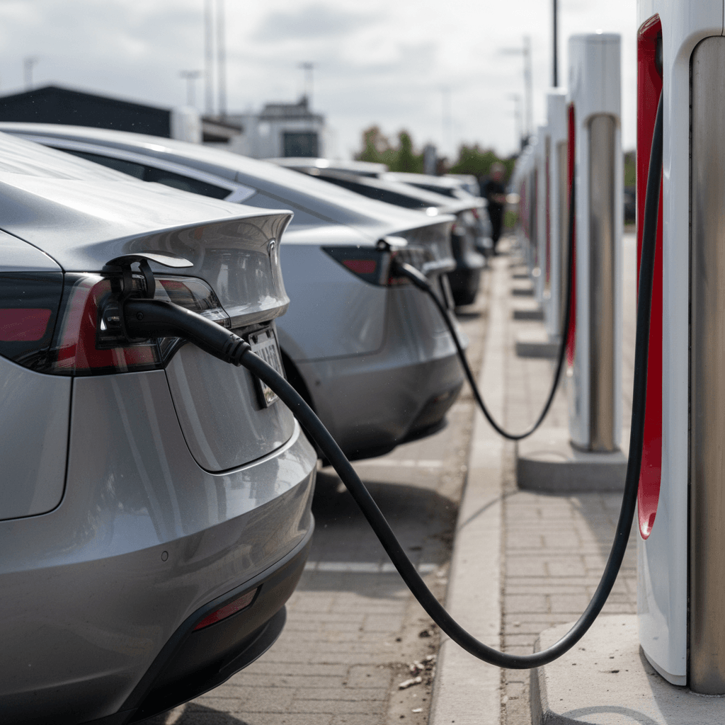 Multiple electric vehicles from different manufacturers charging side by side at a station