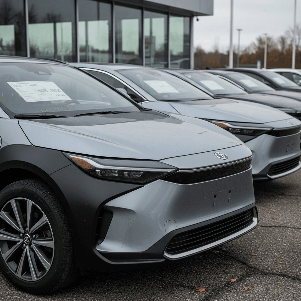 Row of used Toyota bZ4X electric SUVs parked on a dealer lot with visible price stickers, illustrating 2026 used EV pricing trends.