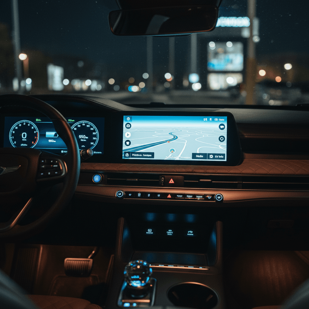 Close-up of a Genesis GV60 digital instrument cluster and center screen showing EV driving information at night