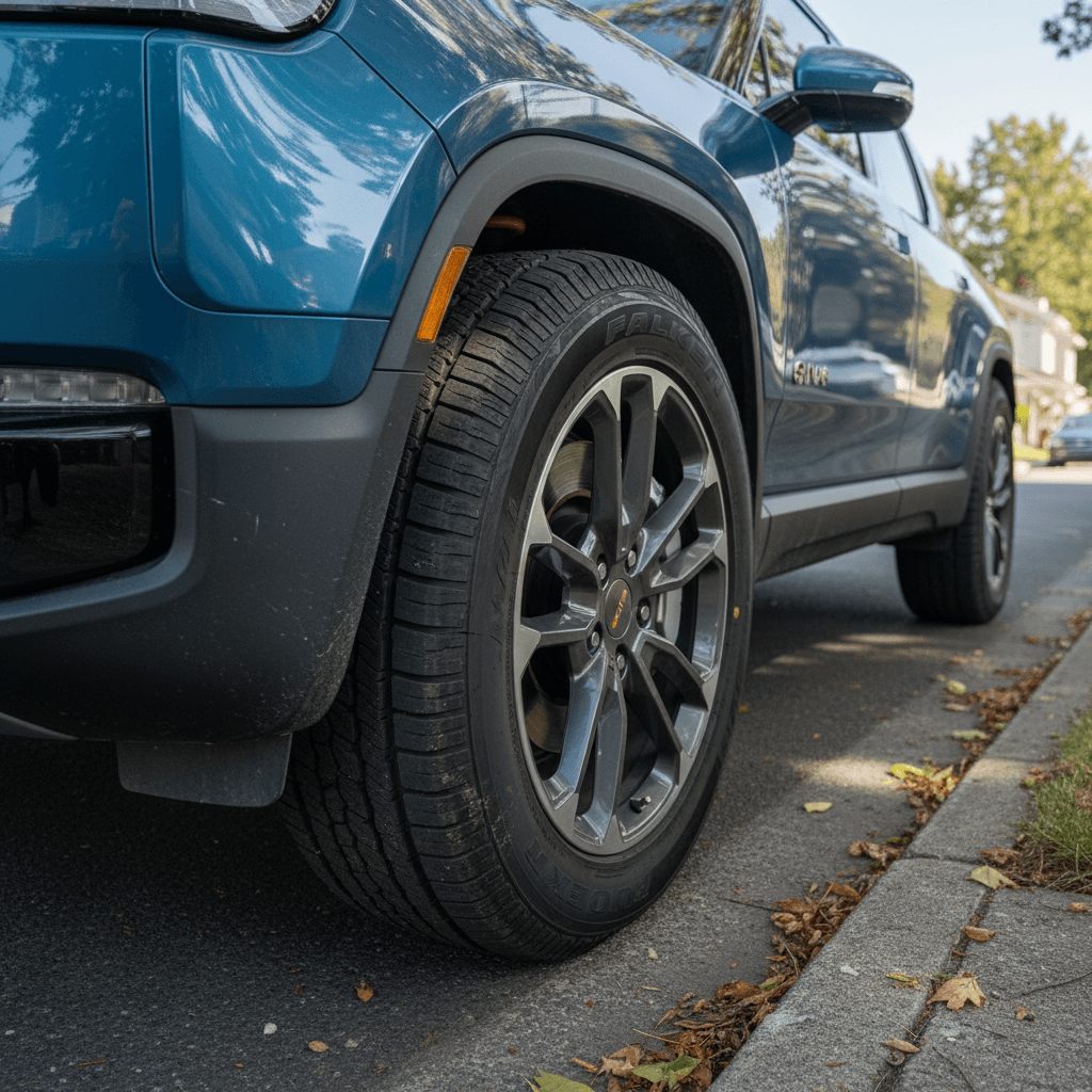 Close-up of the Rivian R1S dashboard showing warning lights on the digital cluster and the central touchscreen open to a service menu.
