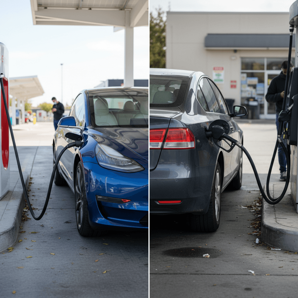 Tesla Model 3 parked beside a similar size gas sedan, one at a charging station and one at a gas pump