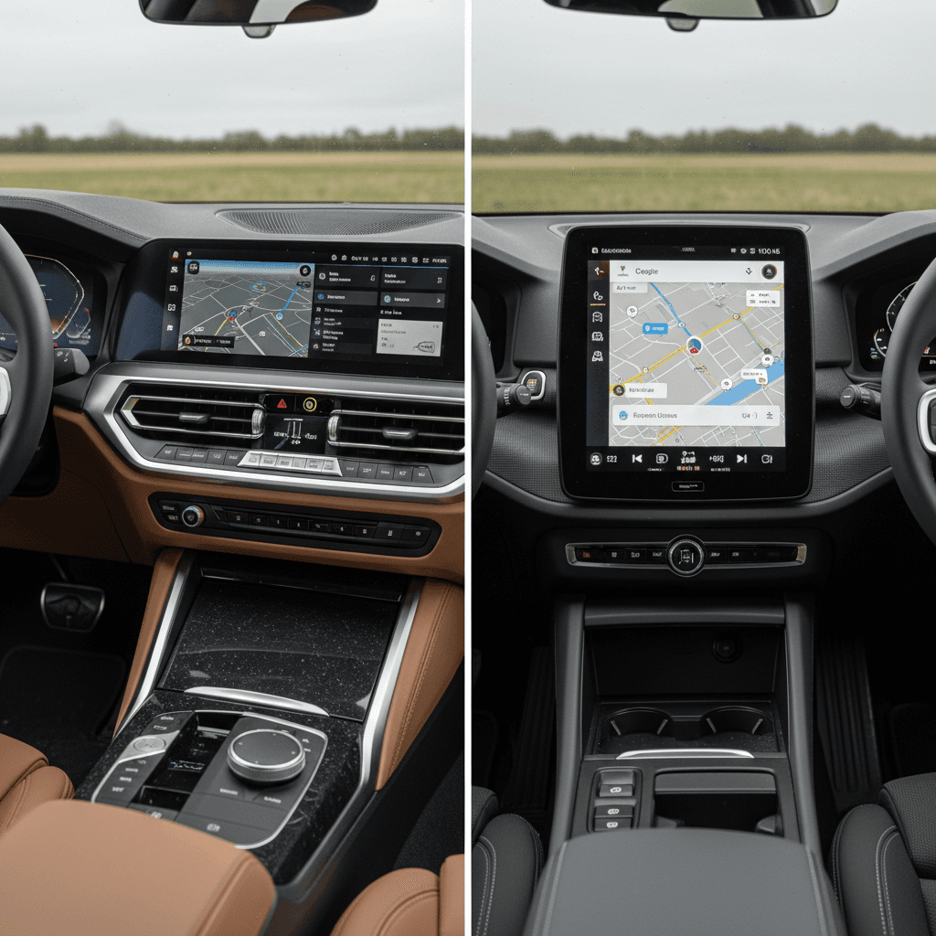 Interior comparison of BMW i4 and Polestar 2 dashboards showing different design philosophies and infotainment layouts