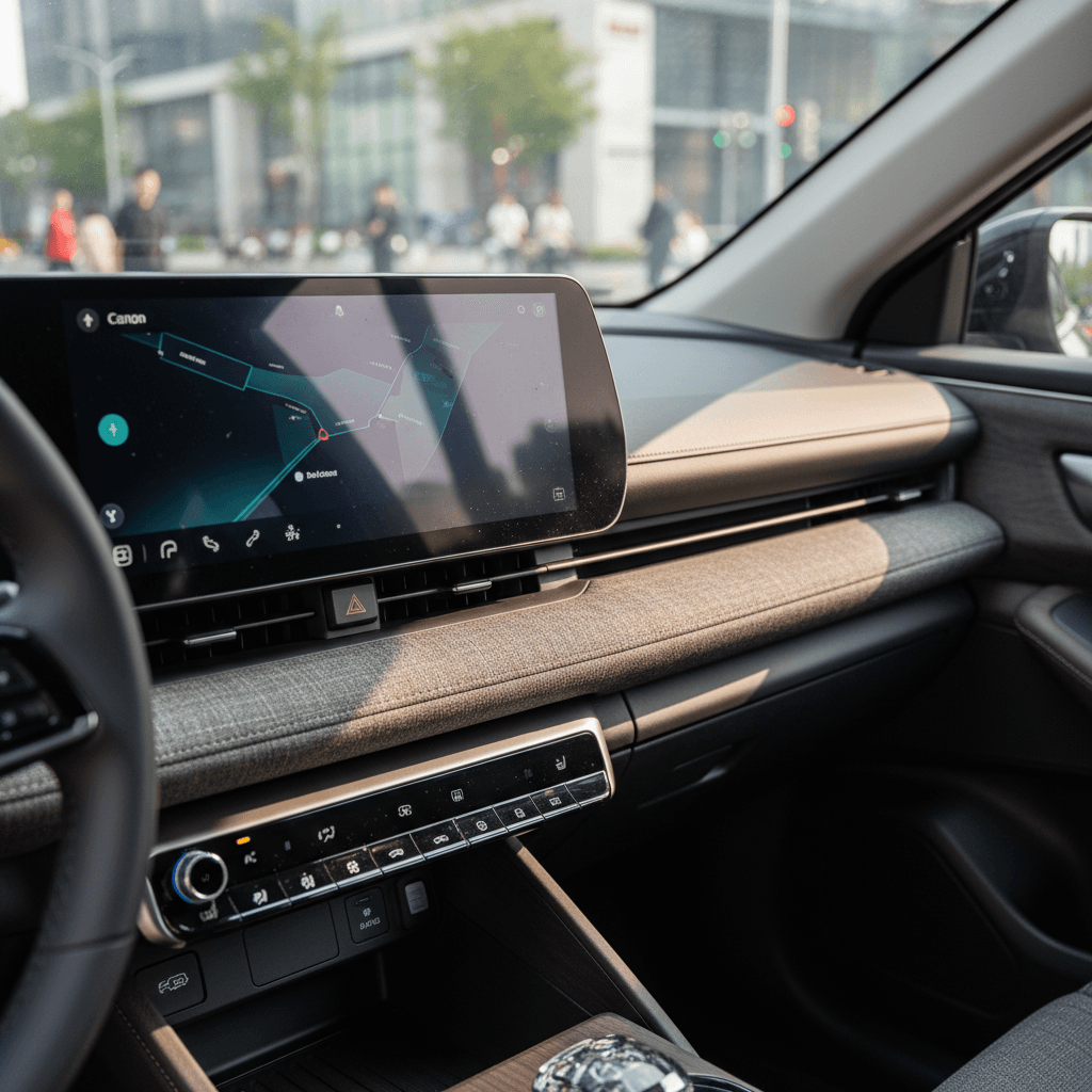 Modern electric sedan similar in size to the Nissan N7 driving through a city street