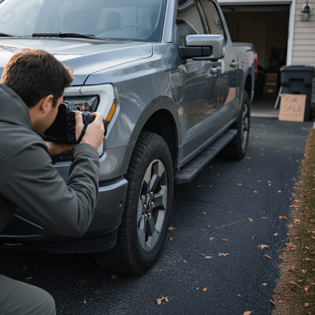 Owner staging a Ford F-150 Lightning in a driveway and taking photos to prepare a used EV truck listing