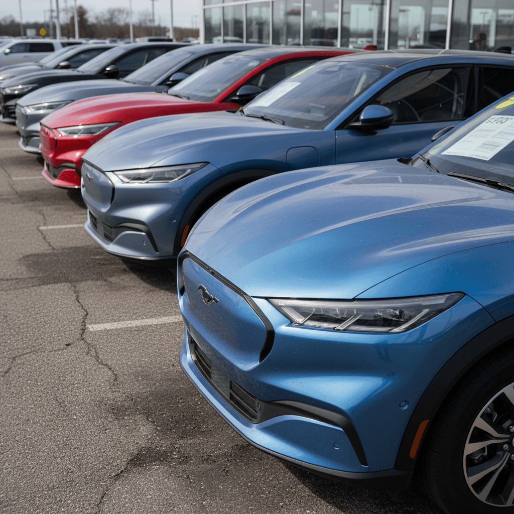 Row of used Ford Mustang Mach-E SUVs parked on a lot with visible price stickers in the windshield