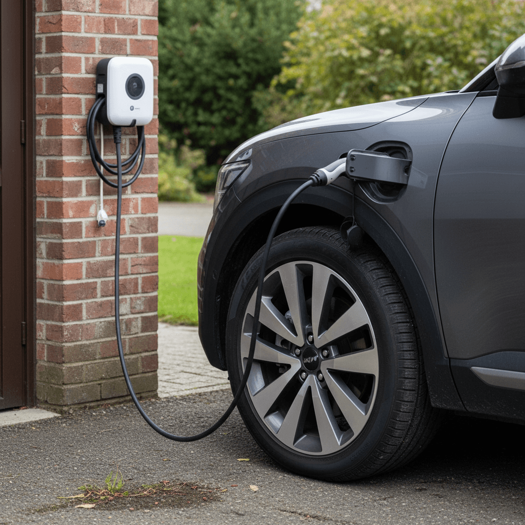 Kia EV9 plugged into a home Level 2 charger, highlighting the charge port and wheel design