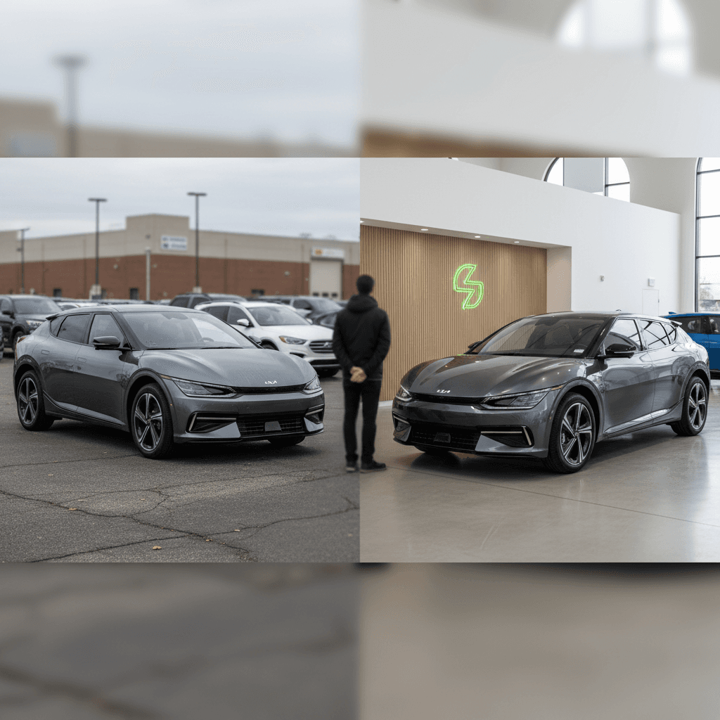 Side-by-side view of an online car buyer website, a traditional dealer lot, and an EV-specialist showroom with a Kia EV6 on display
