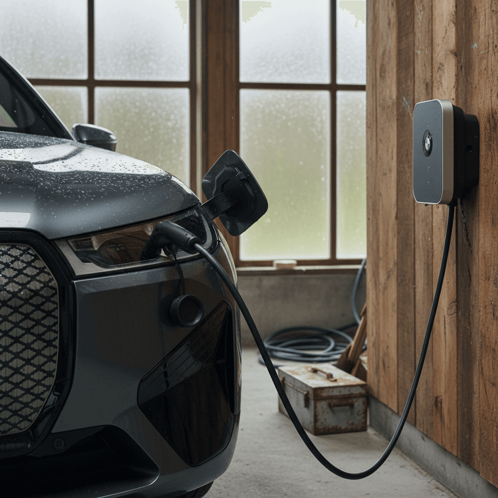 BMW iX charging at a home wallbox in a modern driveway