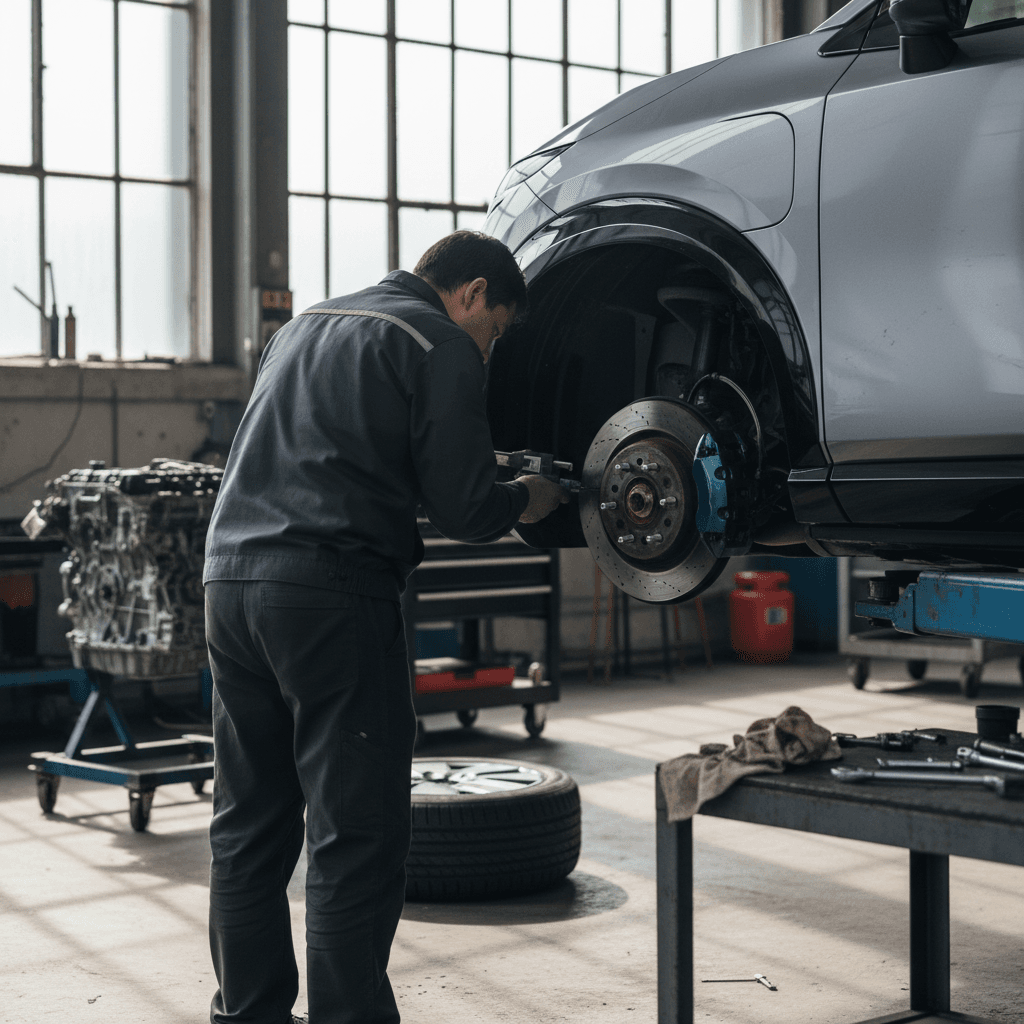 Technician performing brake and suspension inspection on Nissan Ariya on a lift
