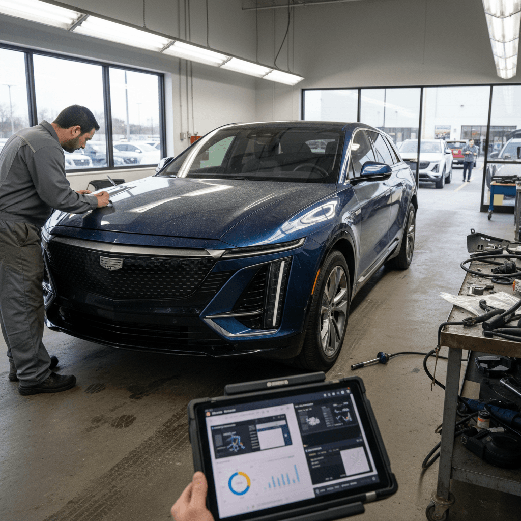 Technician inspecting a used Cadillac Lyriq in a dealership appraisal bay to determine trade-in value