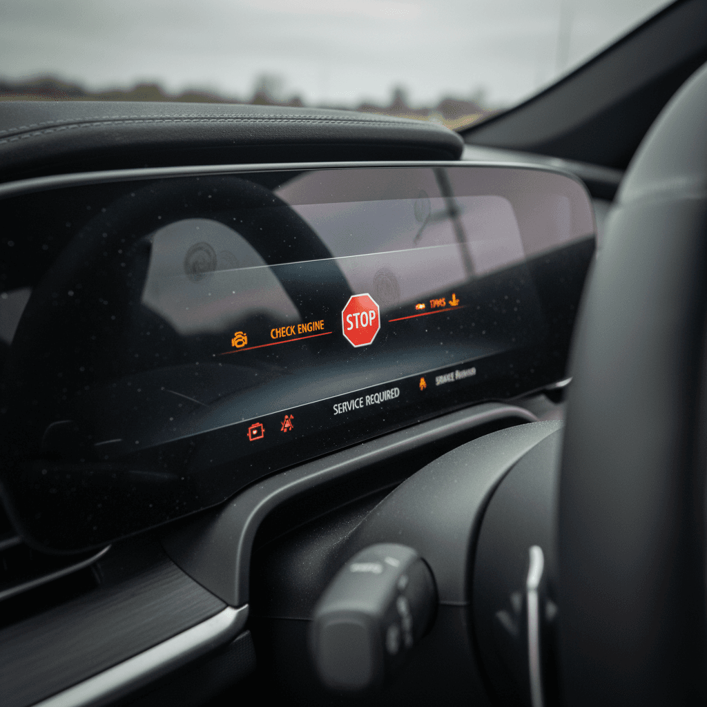 Lucid Air digital instrument cluster with high remaining range and warning icons lit