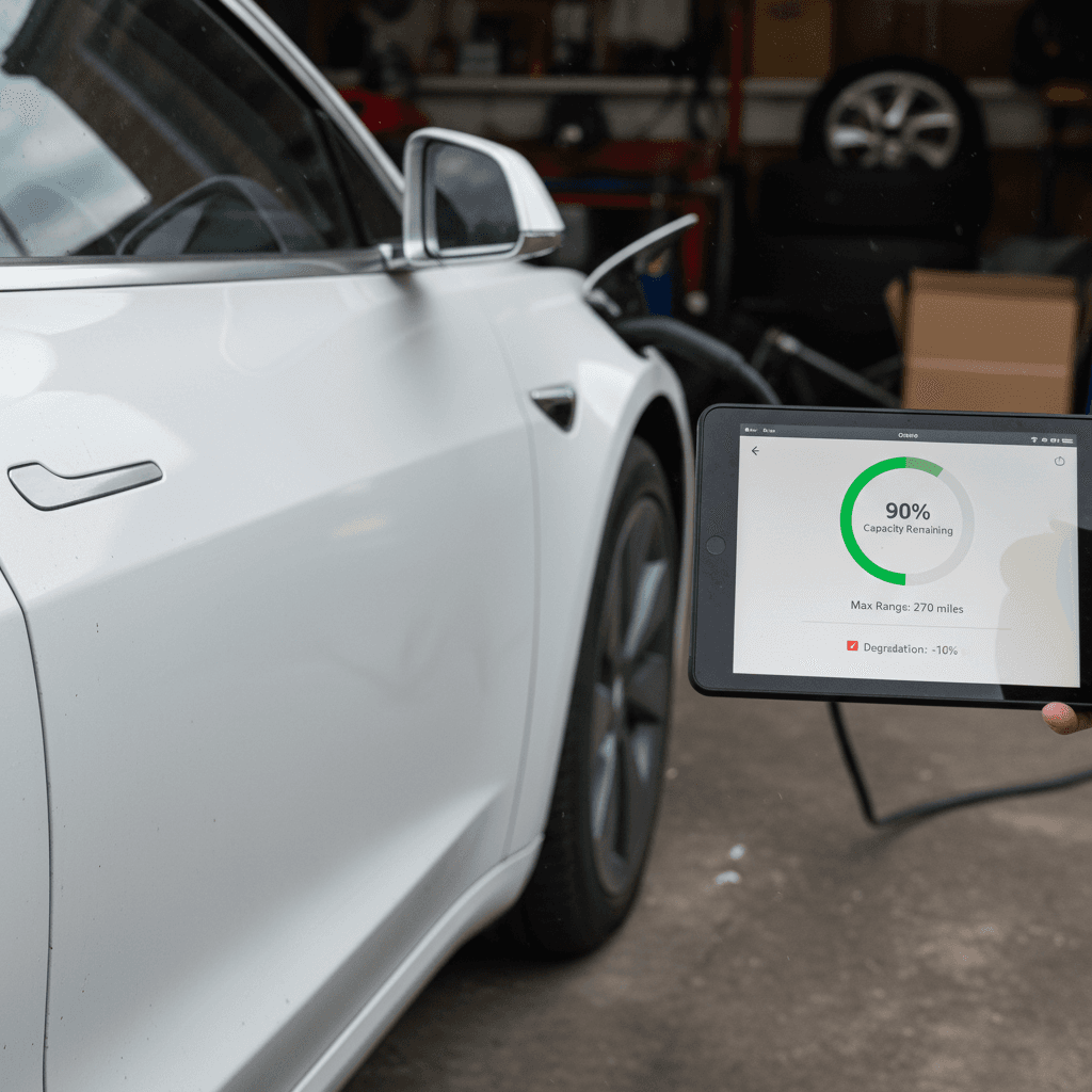 Driver sitting in a used Tesla examining the center screen and controls during a pre-purchase inspection