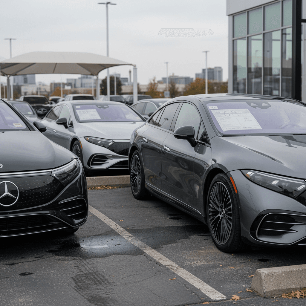 Row of late‑model used Mercedes EQS sedans parked at a dealership lot with price stickers on the windshields