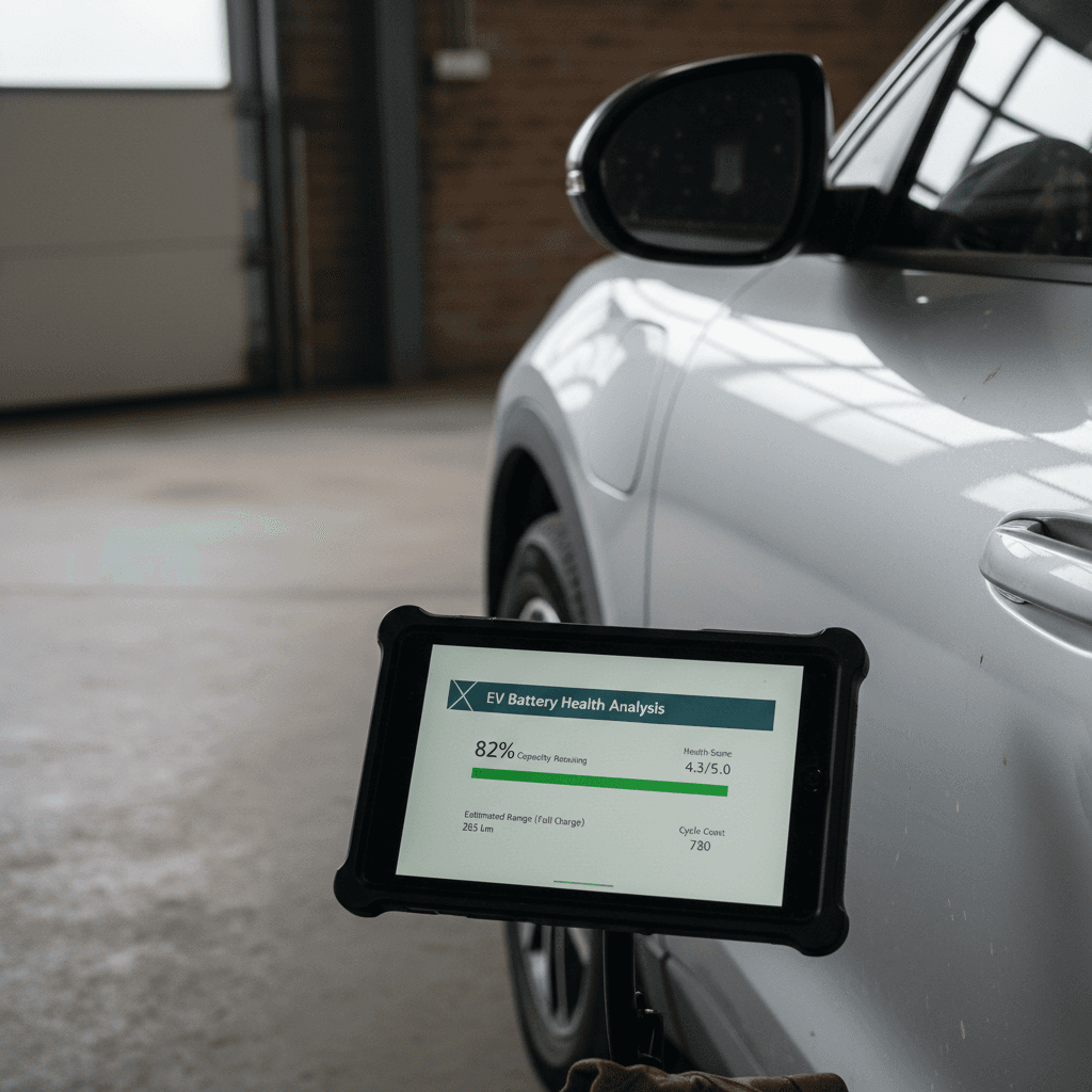 Hands holding a tablet showing a used EV battery health and pricing report next to a parked electric car
