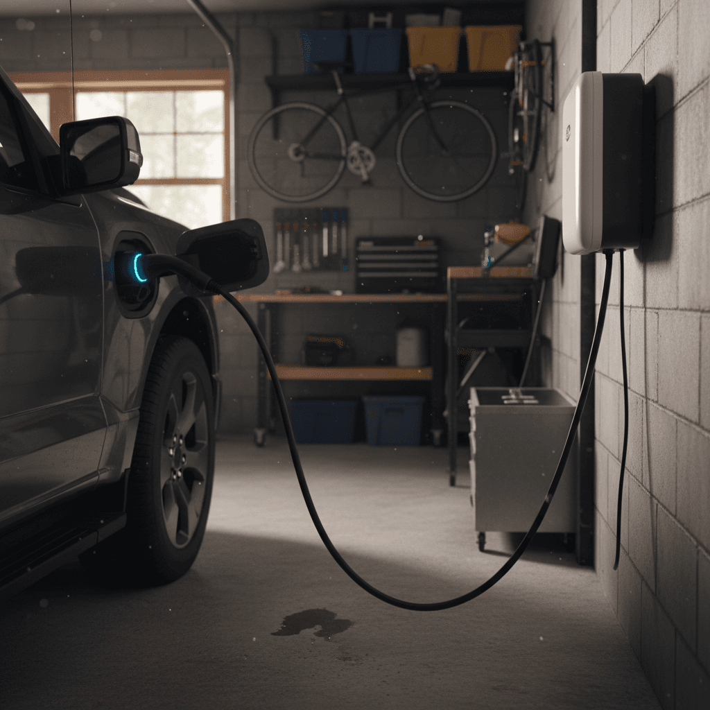 Ford F-150 Lightning charging in a residential garage on a wall-mounted Level 2 charger