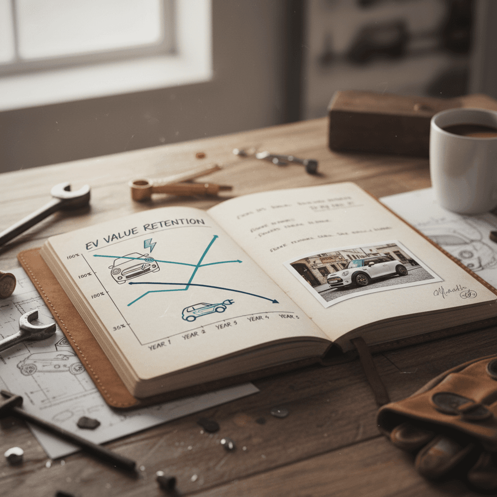 Line graph comparing Mini Cooper SE value over five years against the steeper decline of typical electric vehicles and the smoother curve of gas cars