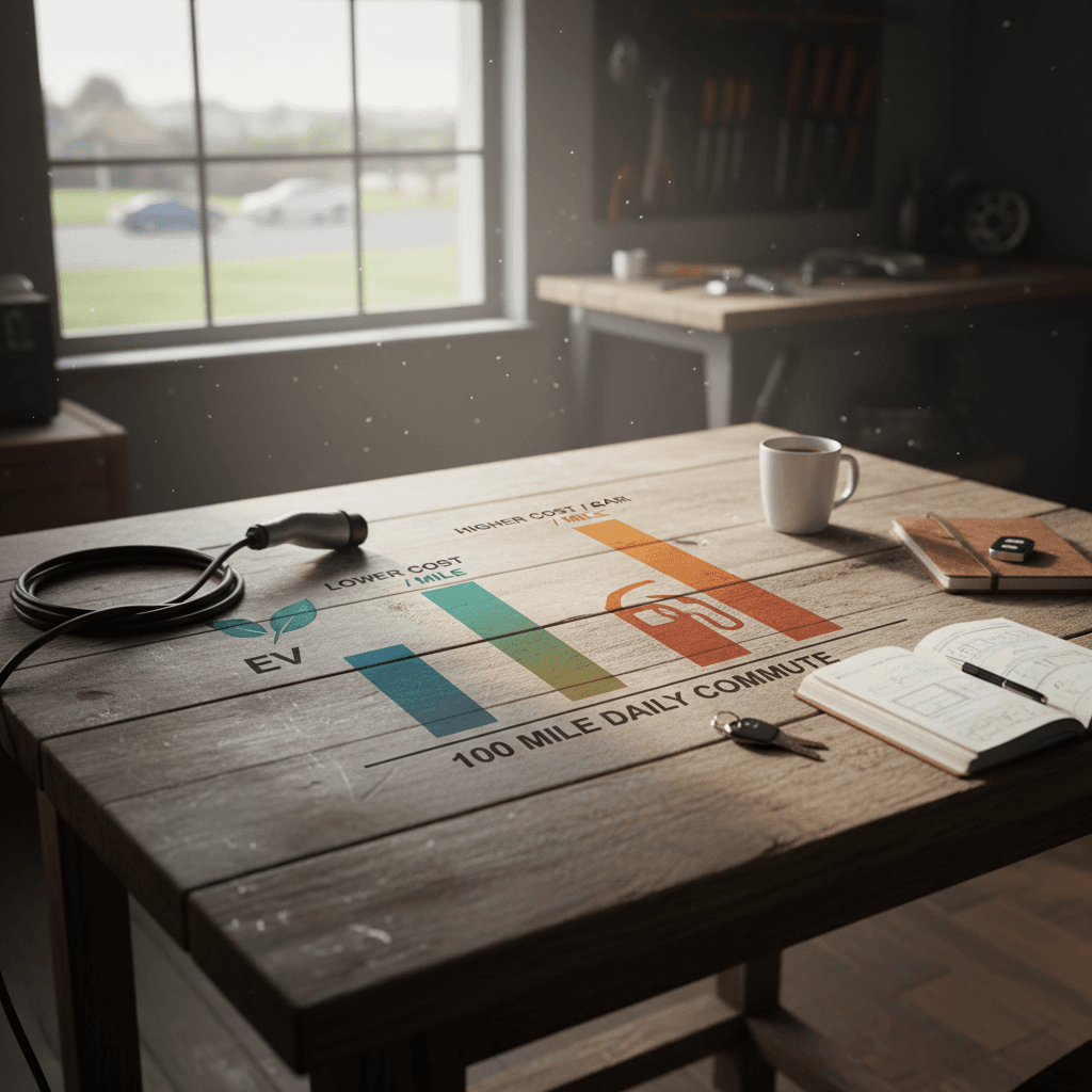Chart comparing per-mile energy cost for an electric vehicle versus a gasoline car over a 100-mile commute