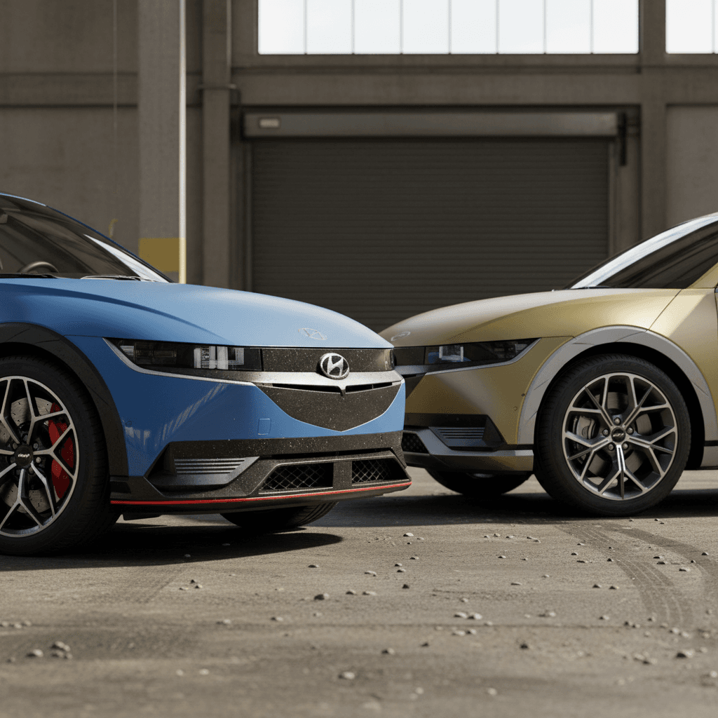 Hyundai IONIQ 5 N front end and wheels next to a standard IONIQ 5, highlighting larger brakes and more aggressive styling