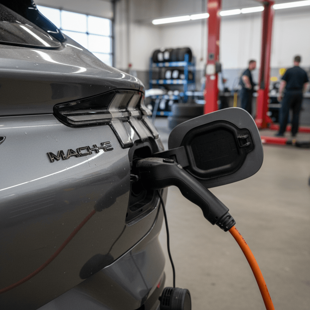 Technician connecting diagnostic equipment to a Ford Mustang Mach-E charge port at a service bay