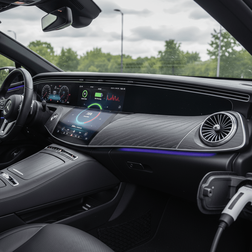 Interior of a 2022 Mercedes EQS with Hyperscreen while parked and charging