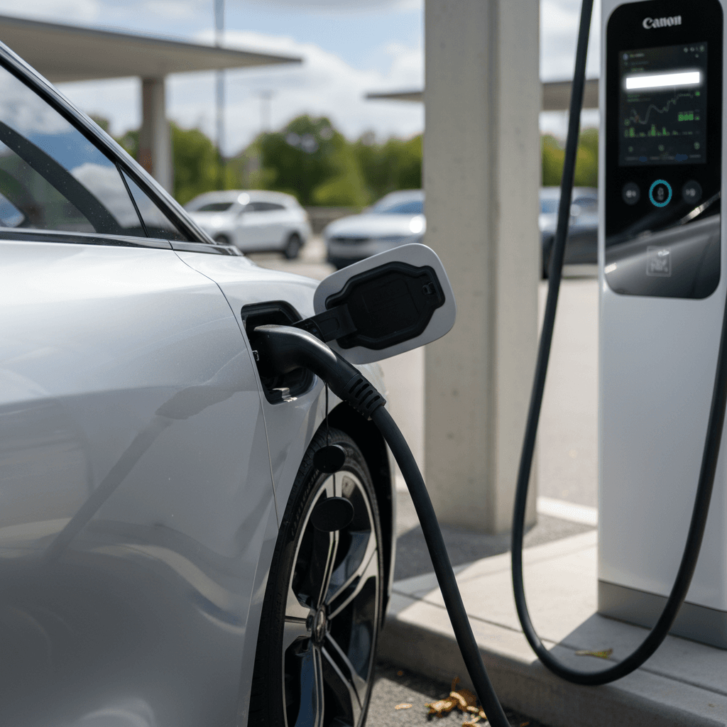 Lucid Air plugged into a DC fast charger, showing charging cable and station display