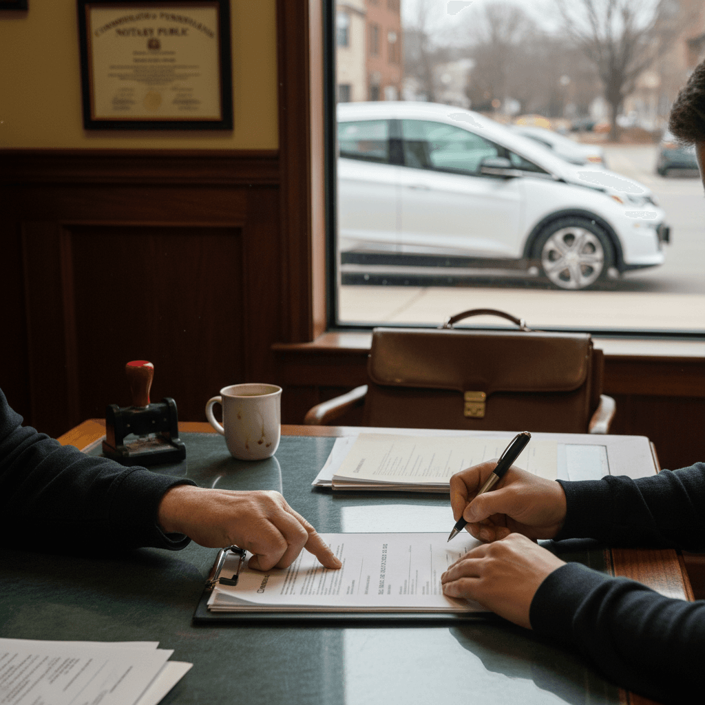 Seller and buyer reviewing battery health and title documents for a Chevrolet Bolt EV at a Pennsylvania notary office