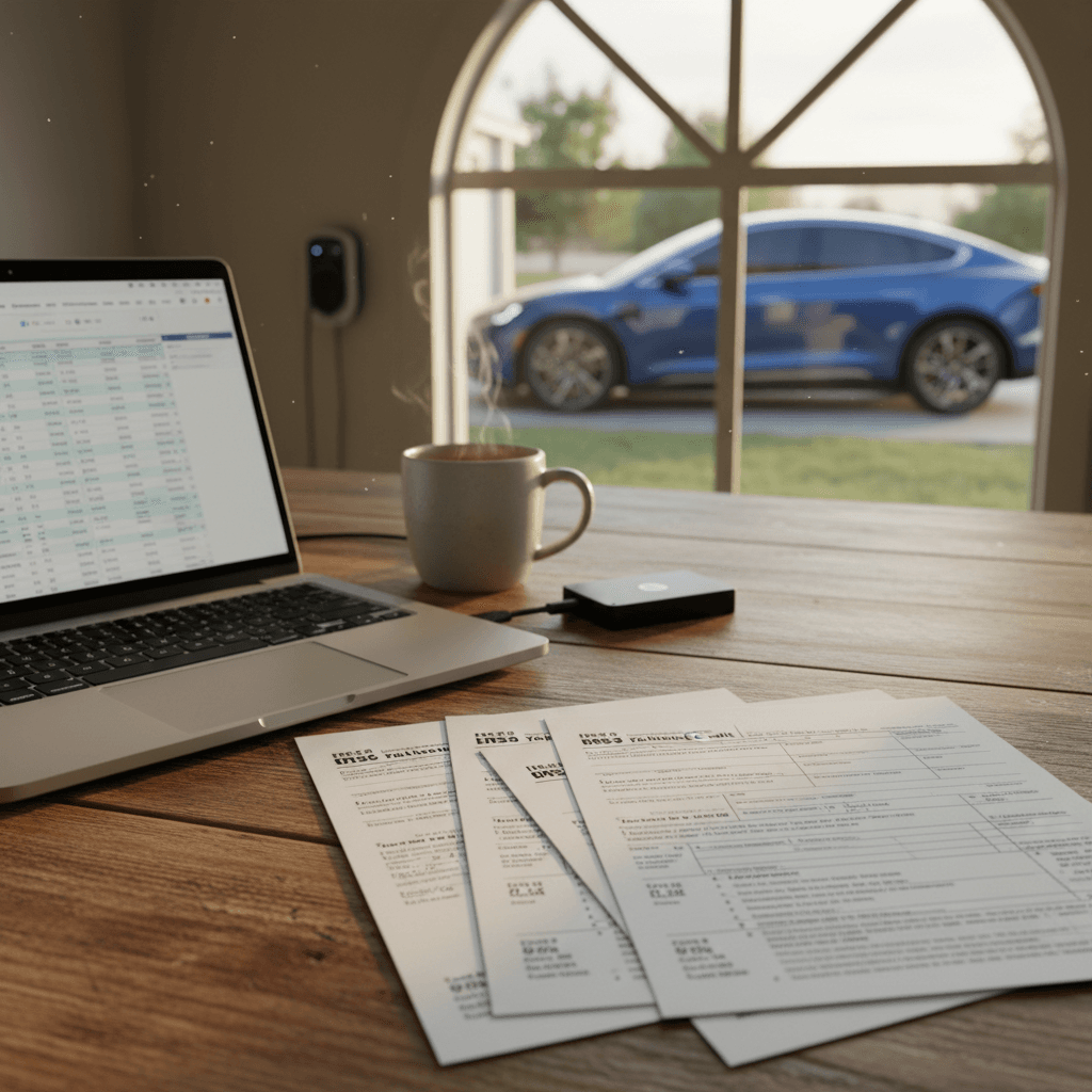 Kitchen table with IRS tax forms, laptop, and a parked electric car visible outside through the window