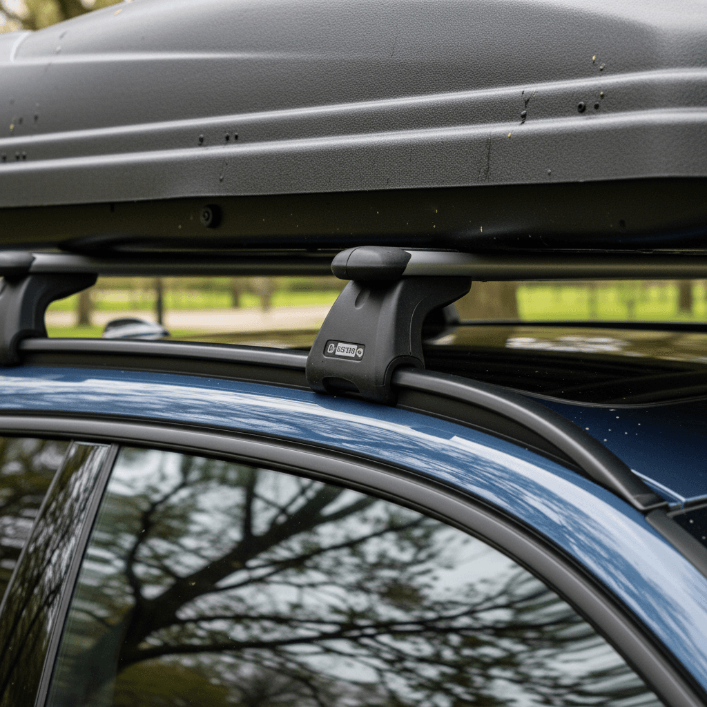 BMW i4 roof rack crossbars with a low-profile cargo box mounted over the cabin area