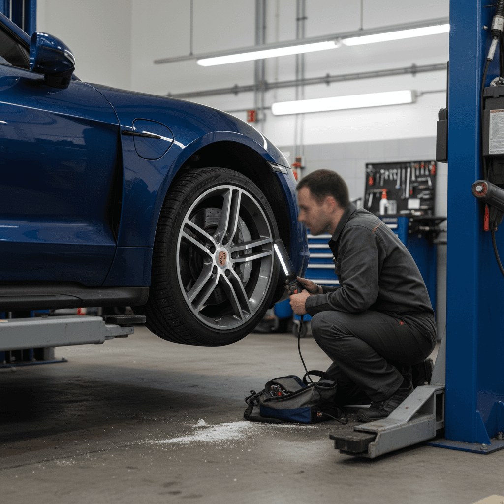 Porsche Taycan raised on lift in dealer service bay while technician inspects high voltage battery area