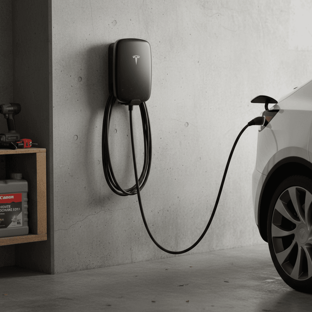 Tesla Wall Connector mounted on a garage wall charging a Model Y