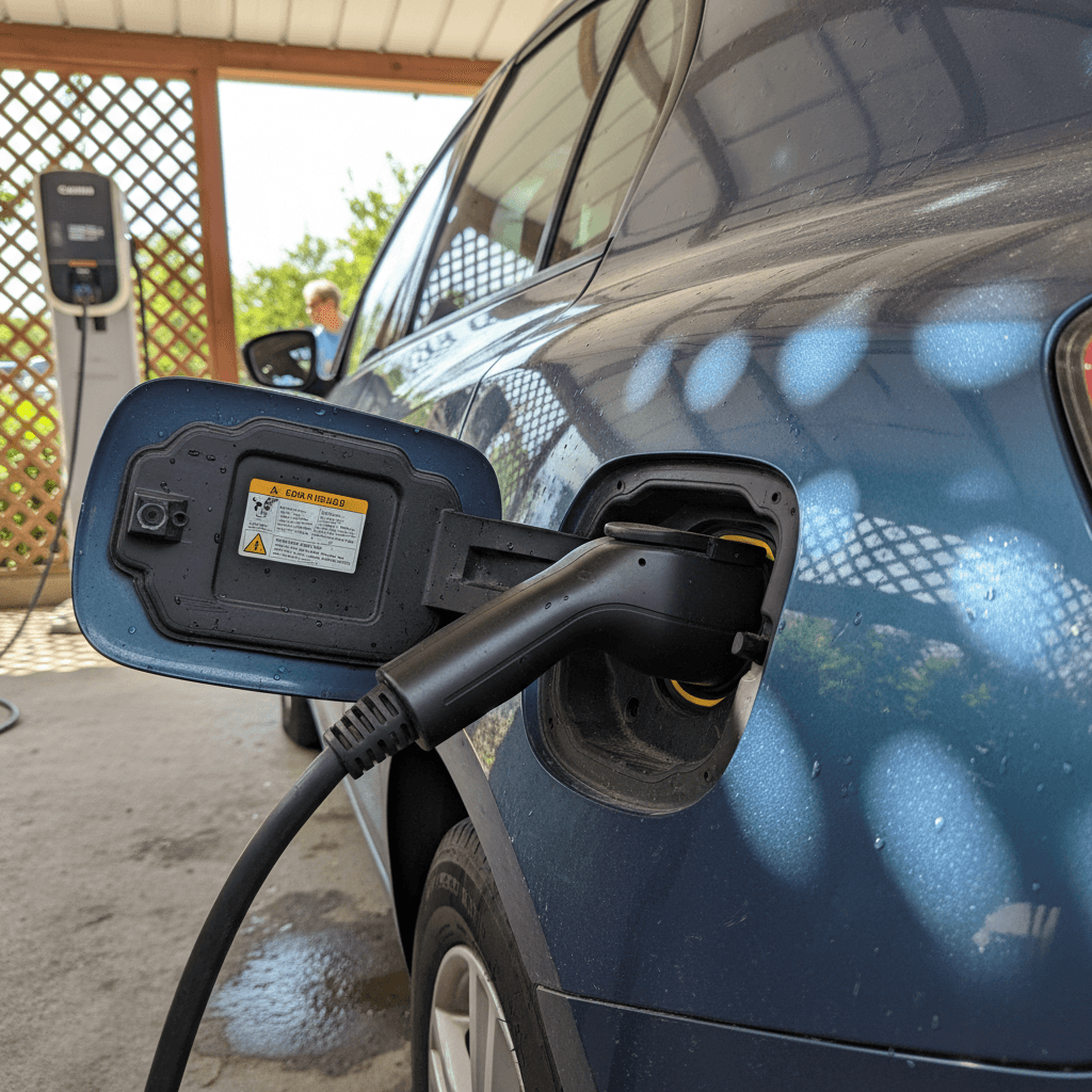 Familie steht neben einem Elektro Auto, das an einer öffentlichen Ladestation lädt