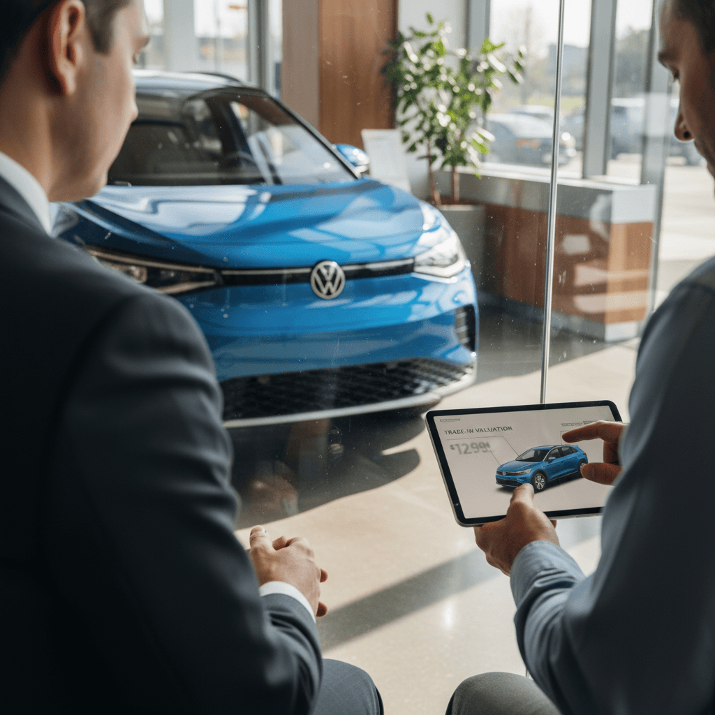 Owner and EV specialist reviewing battery health and trade-in value report for a blue Volkswagen ID.4 on a tablet in a modern showroom