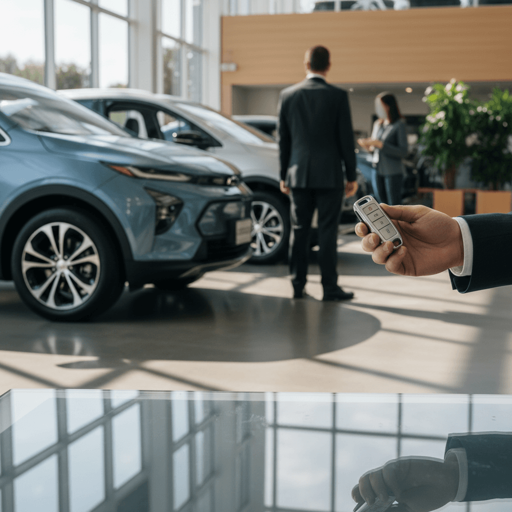 Chevrolet Bolt EUV owner handing keys to a buyer at a modern EV-focused dealership