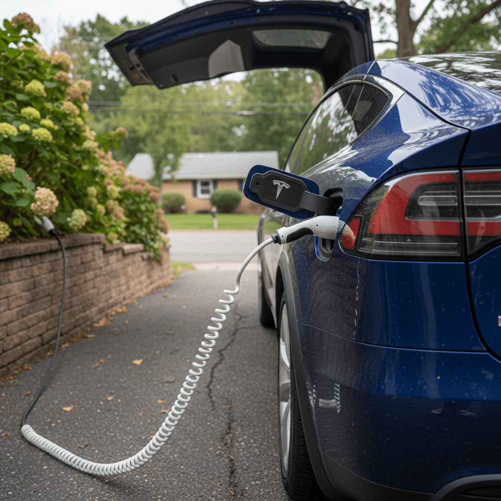 A 2021 Tesla Model X parked in a driveway with falcon wing door open and charging cable plugged in