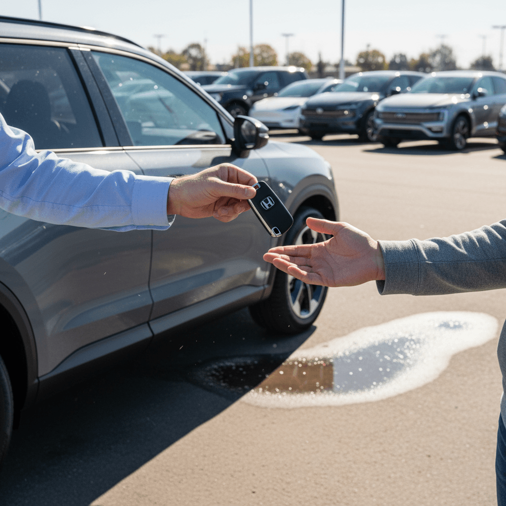 Honda Prologue owner handing keys to buyer in front of a dealership with several electric SUVs parked nearby