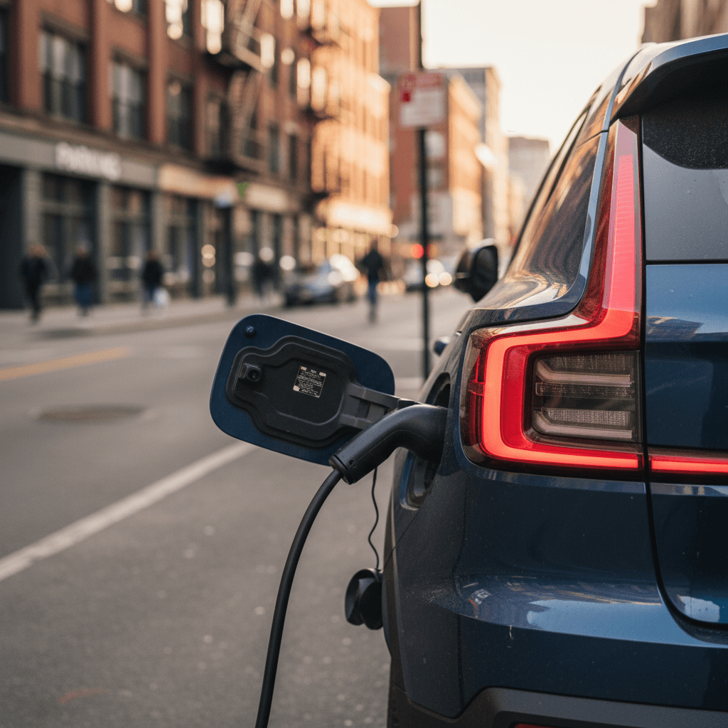 Close view of a Volvo EX30 charging port and taillight, emphasizing battery health and charging habits before selling the vehicle