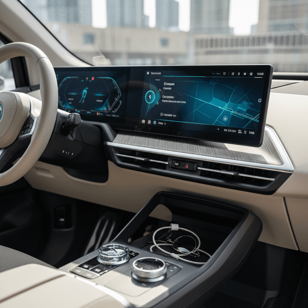 BMW iX interior with dual curved display and light upholstery highlighting its tech-focused luxury cabin
