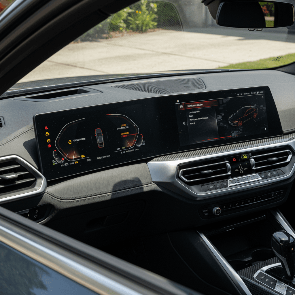 Instrument cluster and center screen of a 2025 BMW i4 showing a drivetrain warning message while parked