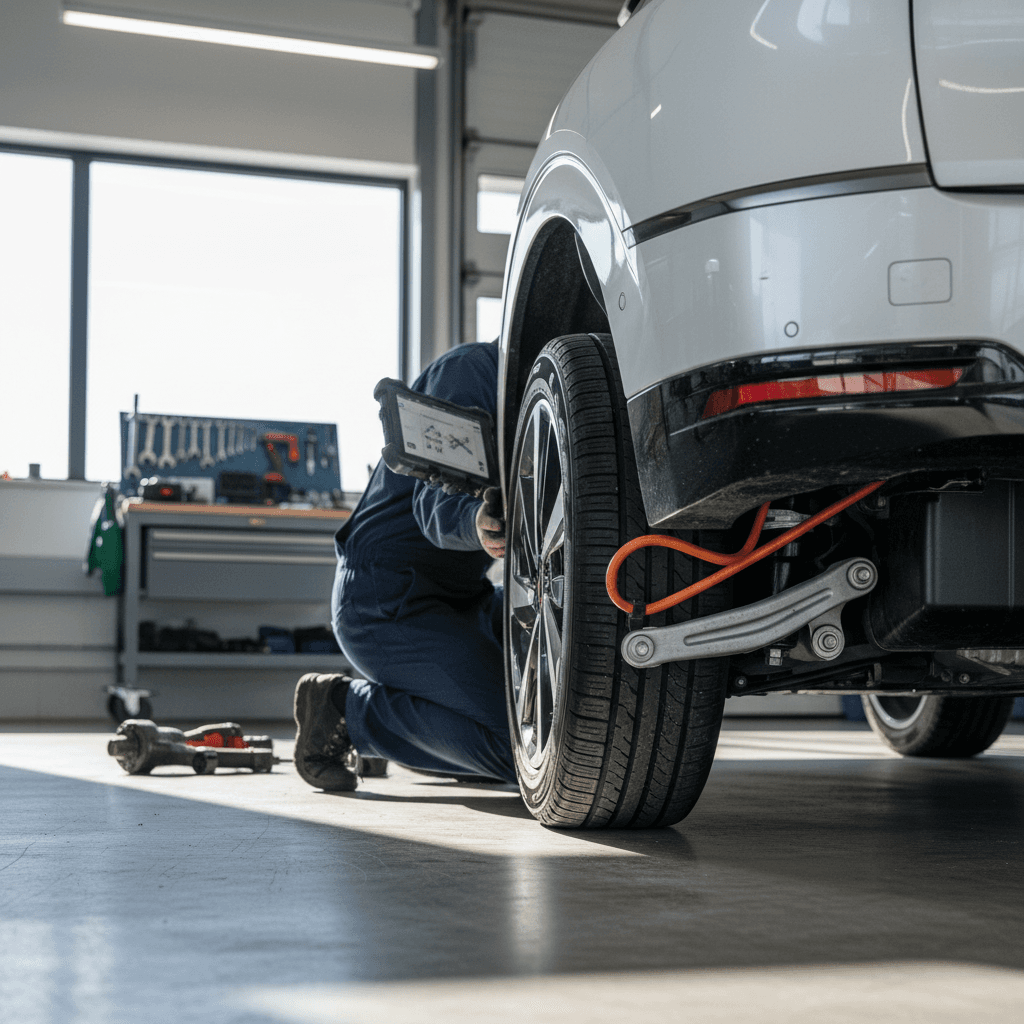 Technician inspecting a Kia EV6’s tires and suspension on a lift at a dealership service bay