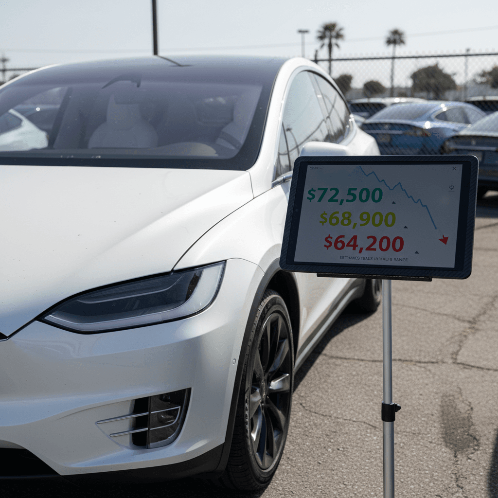 A 2024 Tesla Model X parked at a used EV lot while a salesperson reviews trade-in value on a tablet