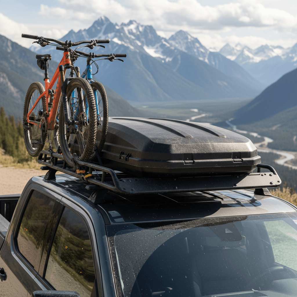 Chevrolet Silverado EV with aero roof bars, cargo box and bikes loaded on the roof in a scenic mountain setting