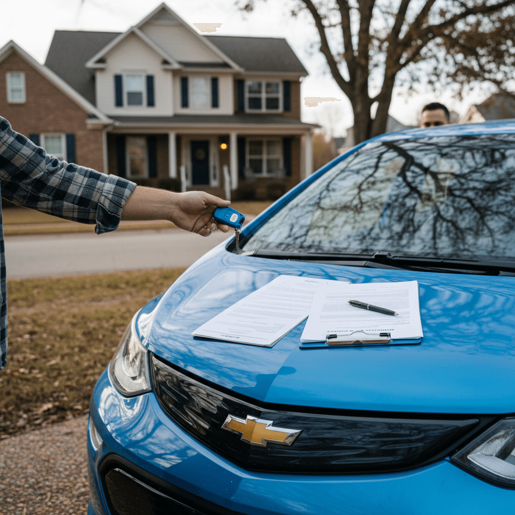 Seller reviewing battery health and recall documentation for a Chevrolet Bolt EV with a potential buyer