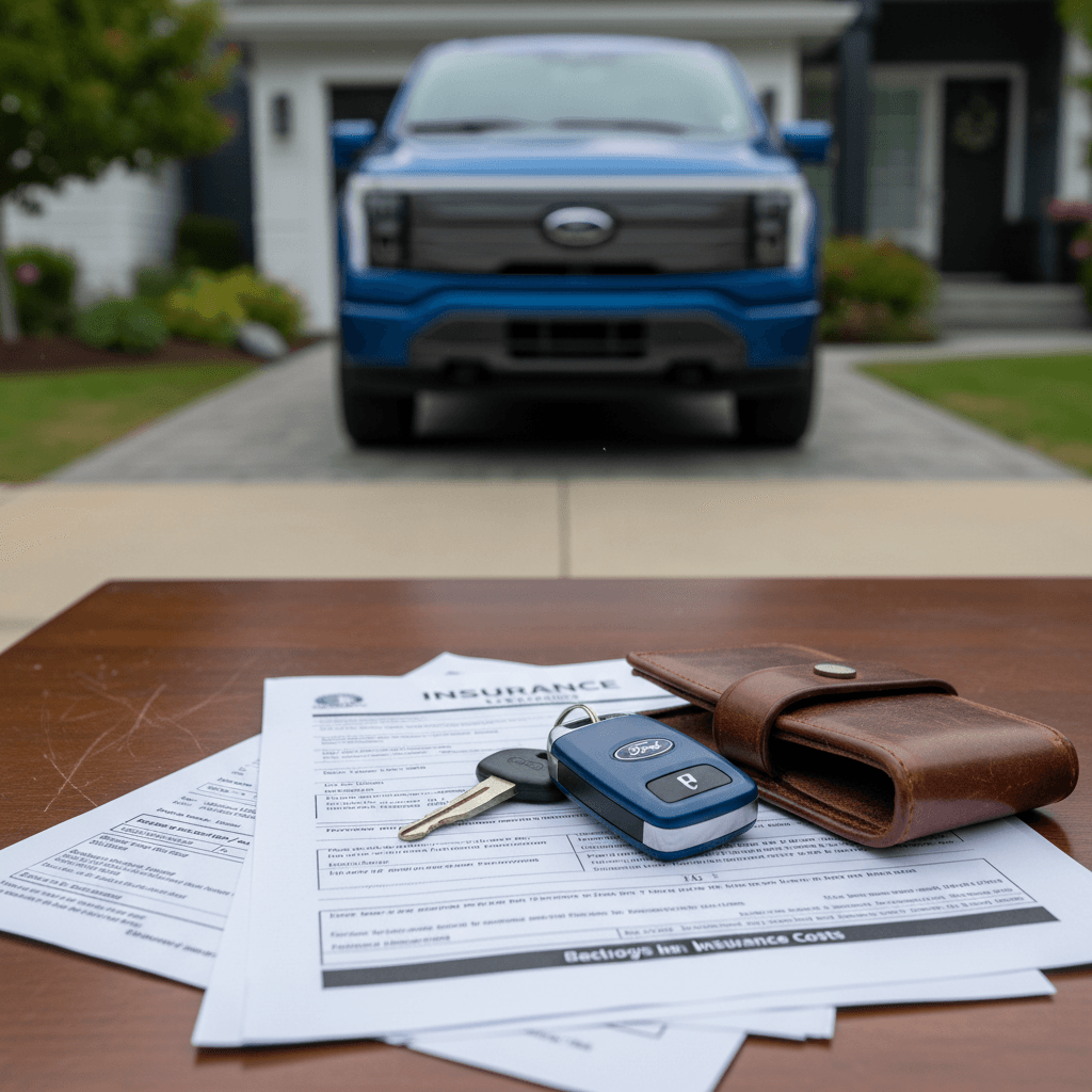 Insurance documents and car keys on a table with a Ford F-150 Lightning visible outside a window