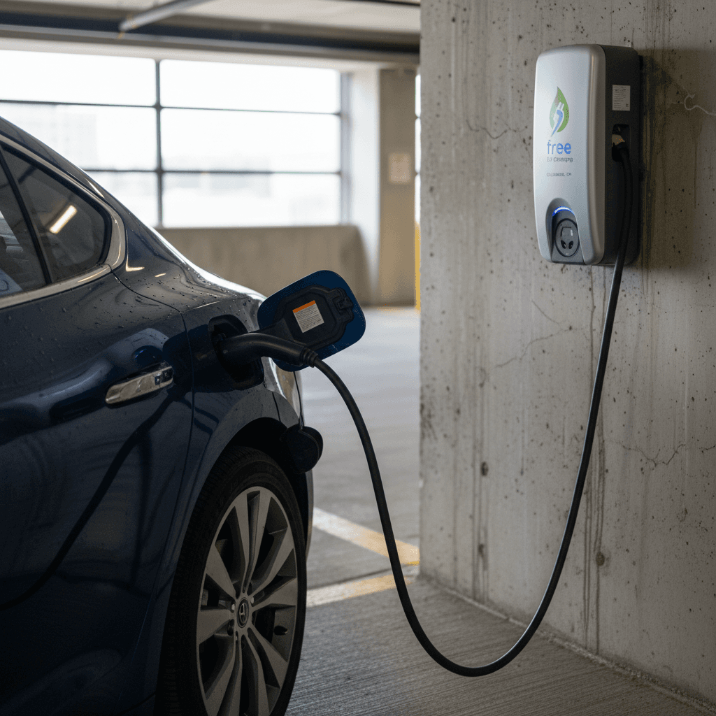 Electric car connected to a Level 2 charging station inside a Columbus parking garage