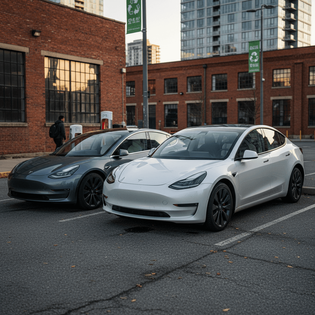 Used Tesla Model 3 and Model Y parked side by side, highlighting affordable under-$40K options