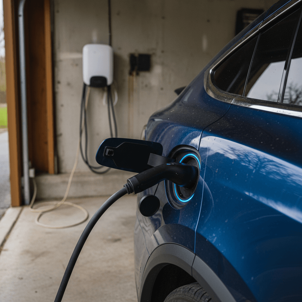 Close-up of a Tesla Model X charging at a home Level 2 charger, showing the rear quarter panel and charge port.