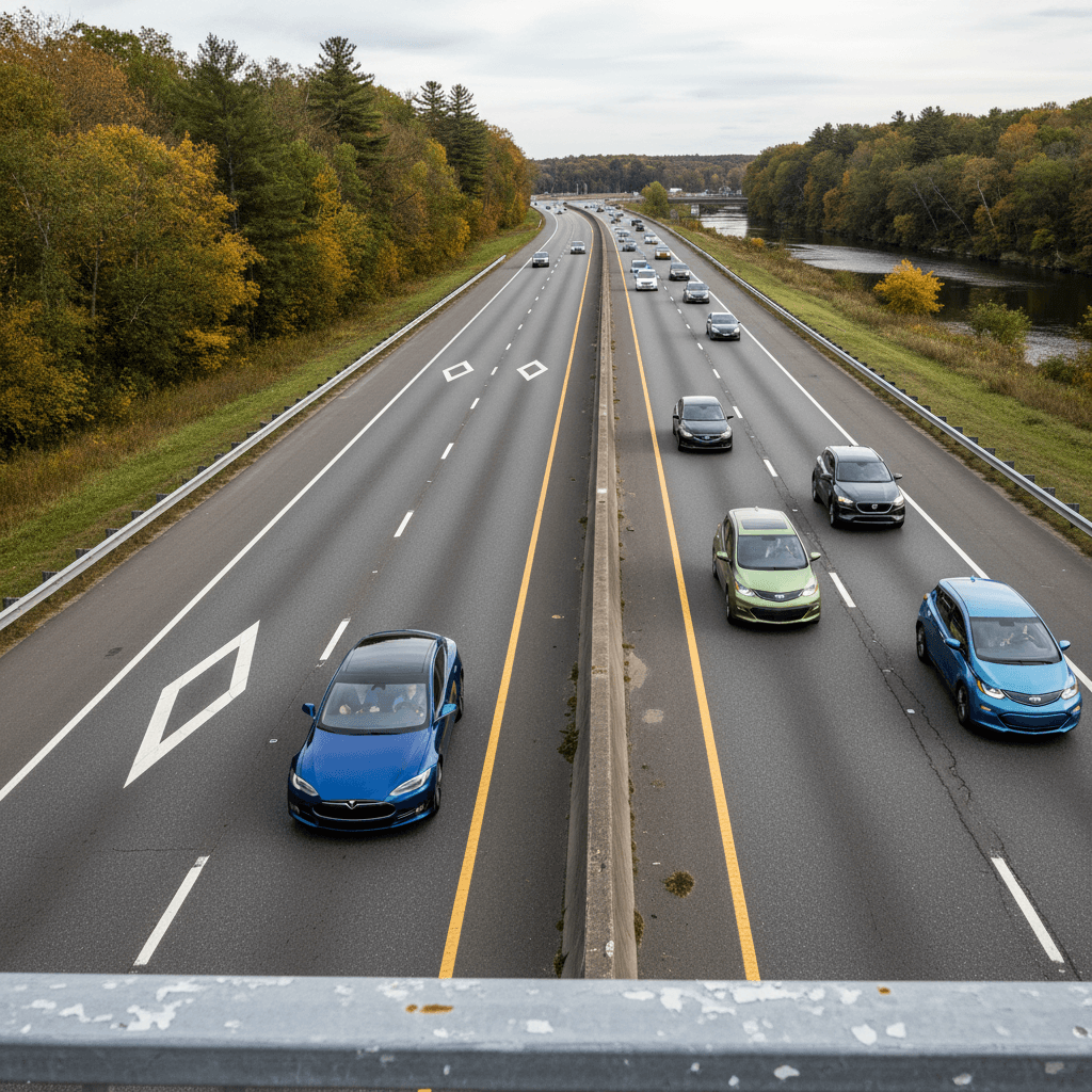 Overhead view of a Connecticut interstate with a marked HOV lane alongside general traffic including several electric vehicles