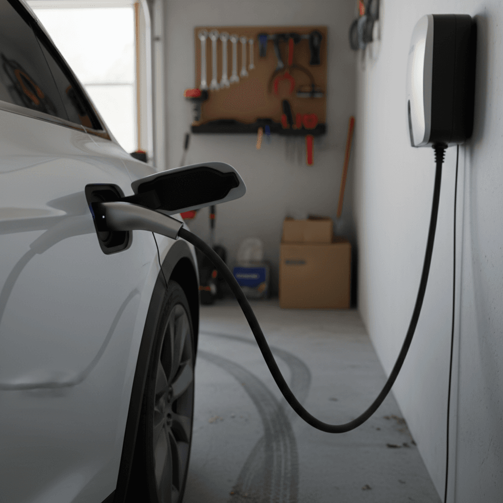 Tesla Model X plugged into a home wallbox charger in a suburban garage